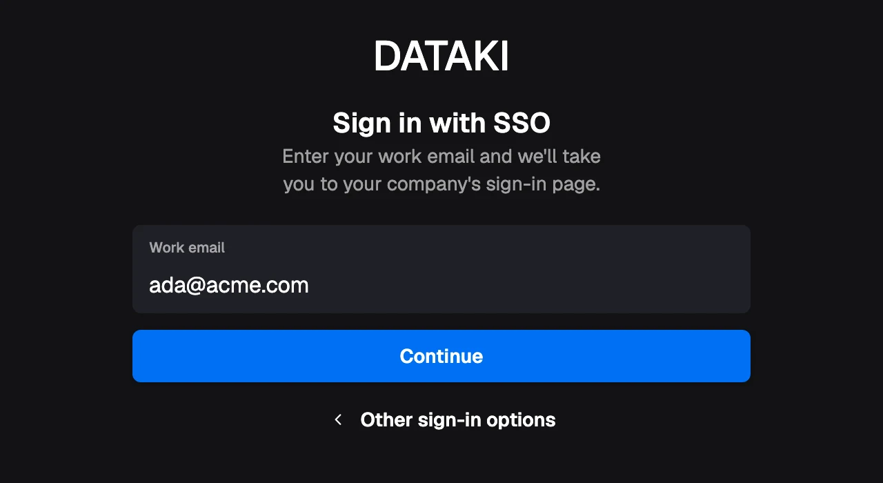 Dataki's sign-in page with Sign in with SSO open: a Work email field, a Continue button, and a link back to other sign-in options